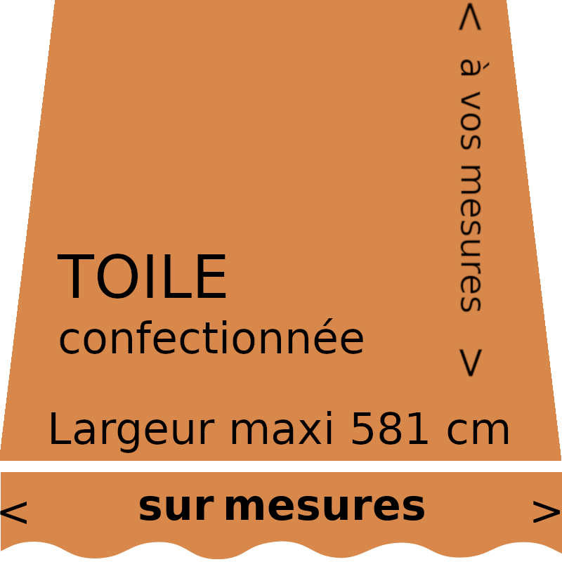 Toile unie couleur sable = brun orangé (RAL 8023). Toile de store et lambrequin vague à vos mesures.