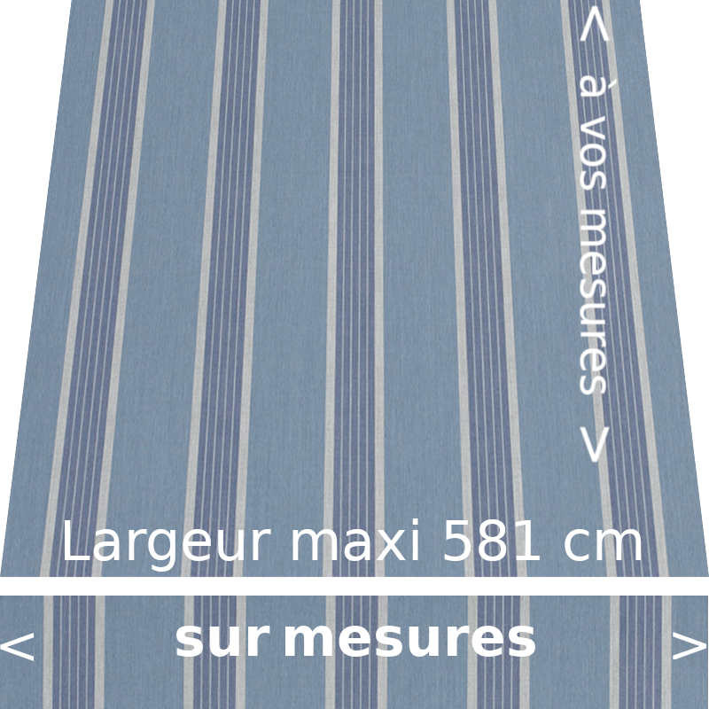Toile acrylique rayée collection Manosque bleu avec lambrequin de forme droite conçue aux dimensions de votre store Toile acrylique rayée collection Manosque bleu avec lambrequin de forme droite conçue aux dimensions de votre store