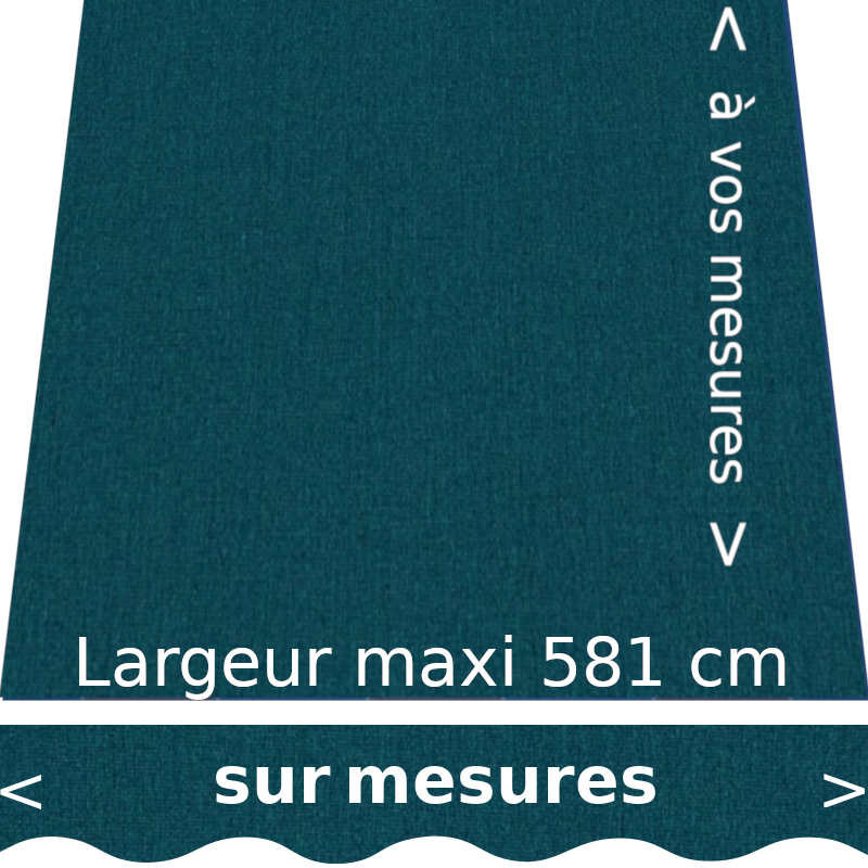 Toile pour store extérieur couleur uni bleu canard chiné (RAL 5020 bleu océans) et lambrequin en forme de vagues confectionnés à